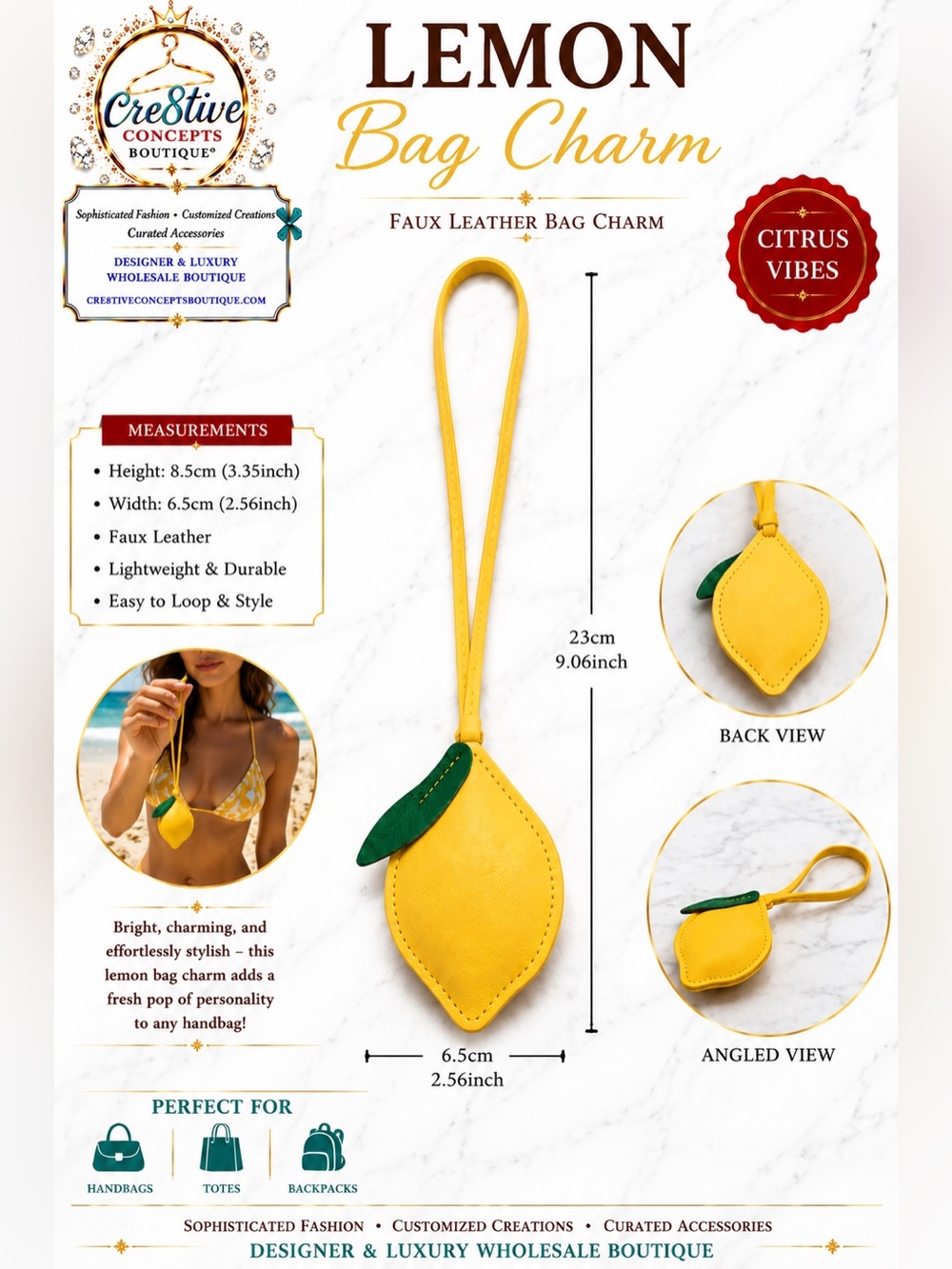 Lemon Faux Leather Bag Charm | Purse Charm | Keychain Accessory - Picture 3 of 4